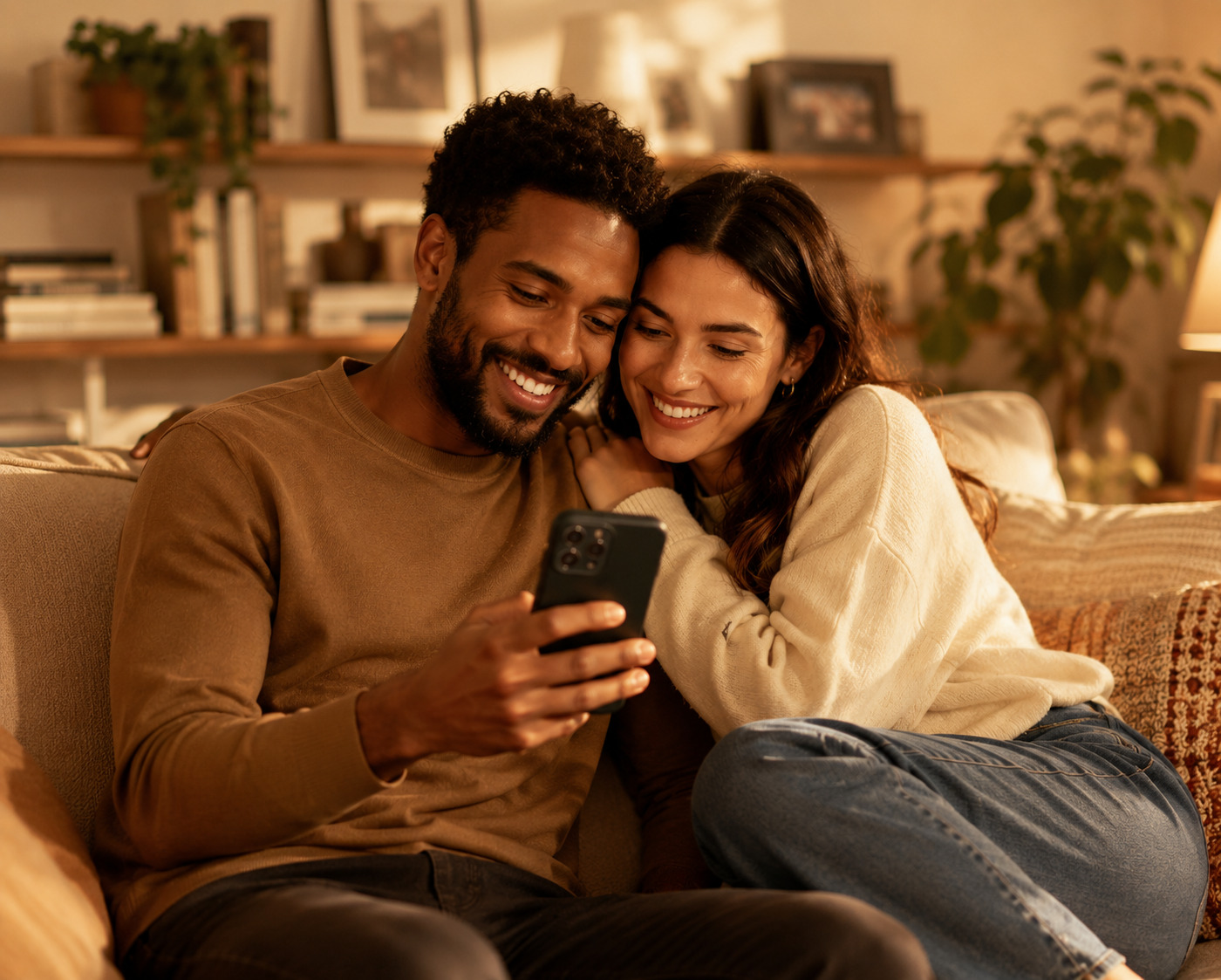 Casal feliz procurando imóvel pelo celular